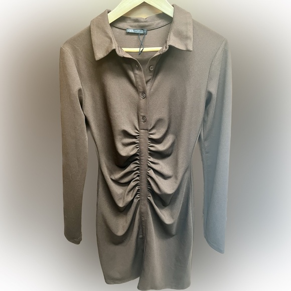 ZARA Sheska Black Stretch Dress Shirred Button Front V-neck Classic Longsleeve M - Picture 7 of 16